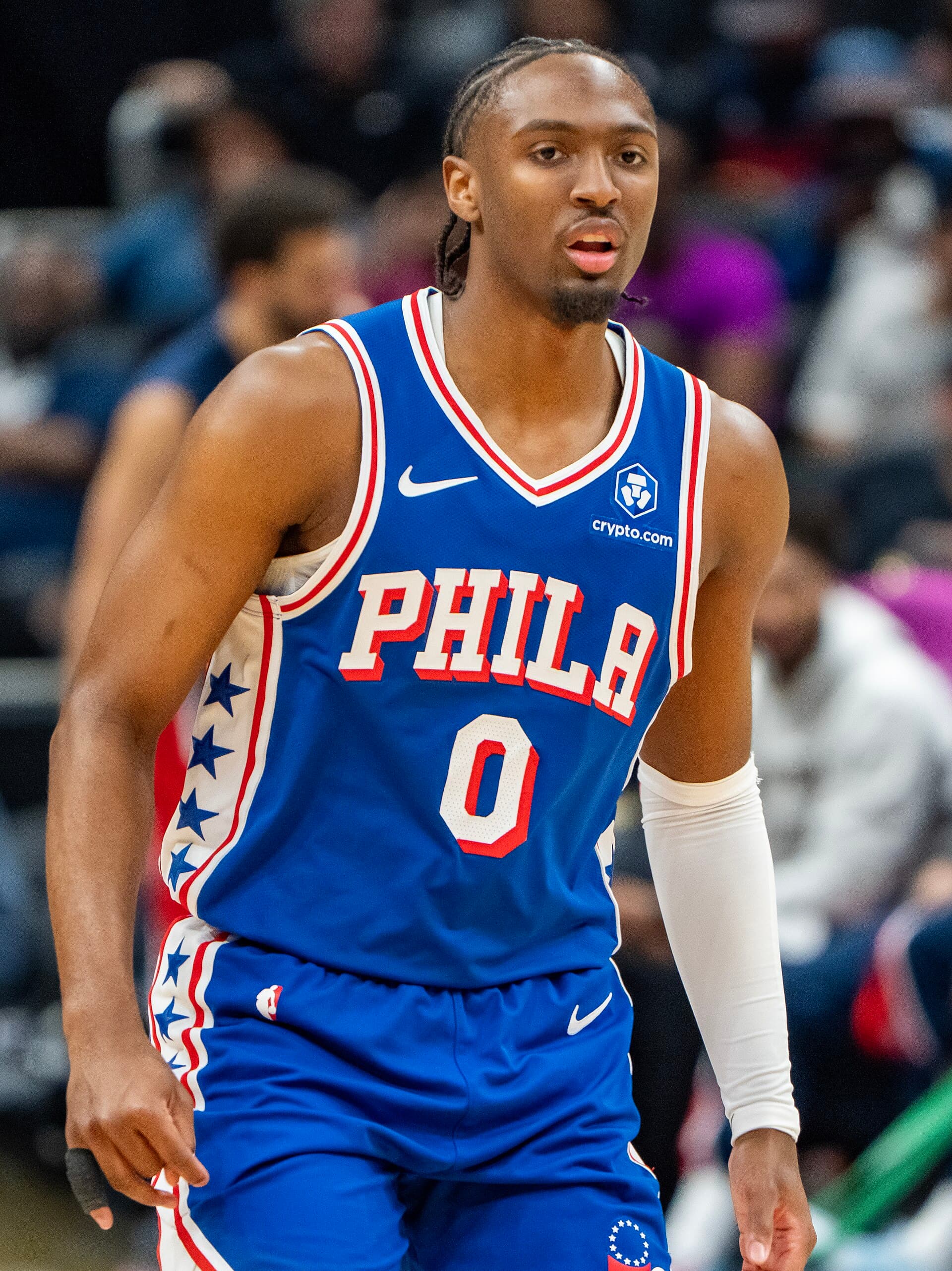 Tyrese Maxey in a Philadelphia 76ers uniform during a 2026 game