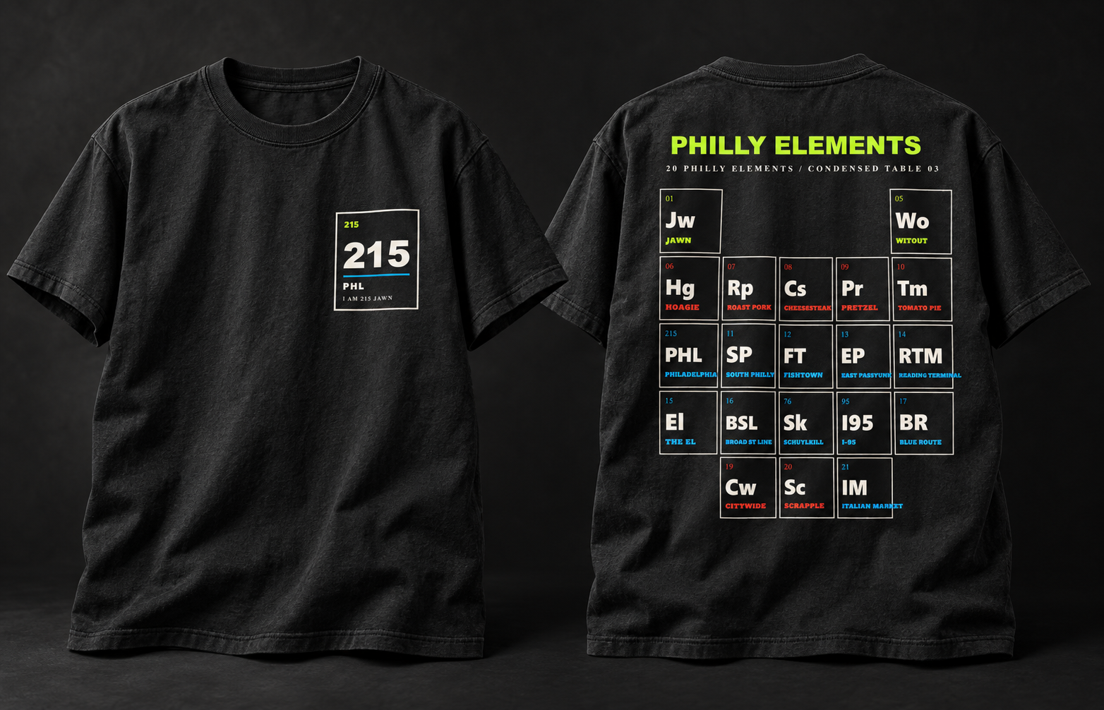 Charcoal PHILLY ELEMENTS heavyweight tee shown from the front and back