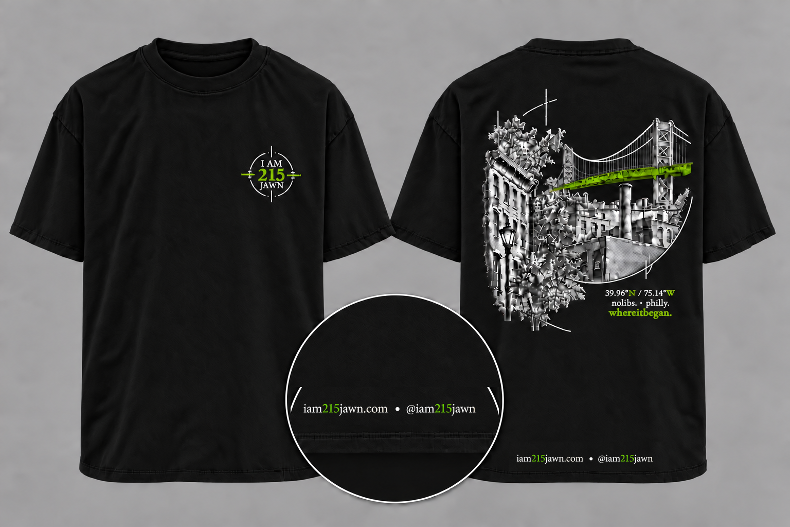 Public I AM 215 JAWN NoLibs tee in solid black, shown front and back