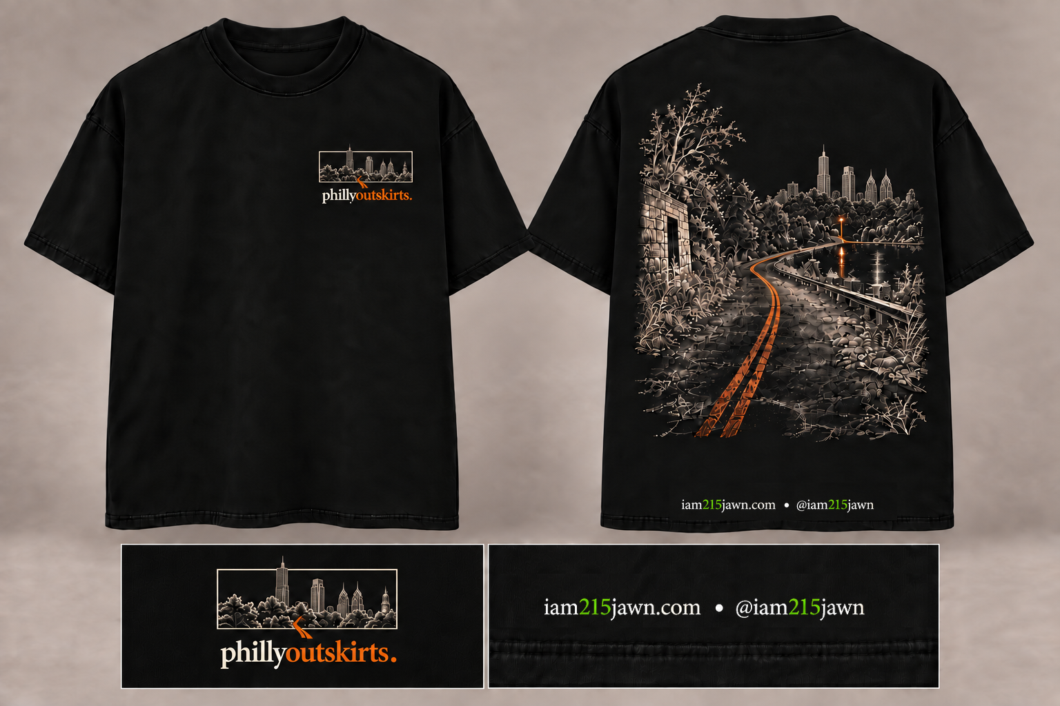 Public phillyoutskirts tee in solid black, shown front and back