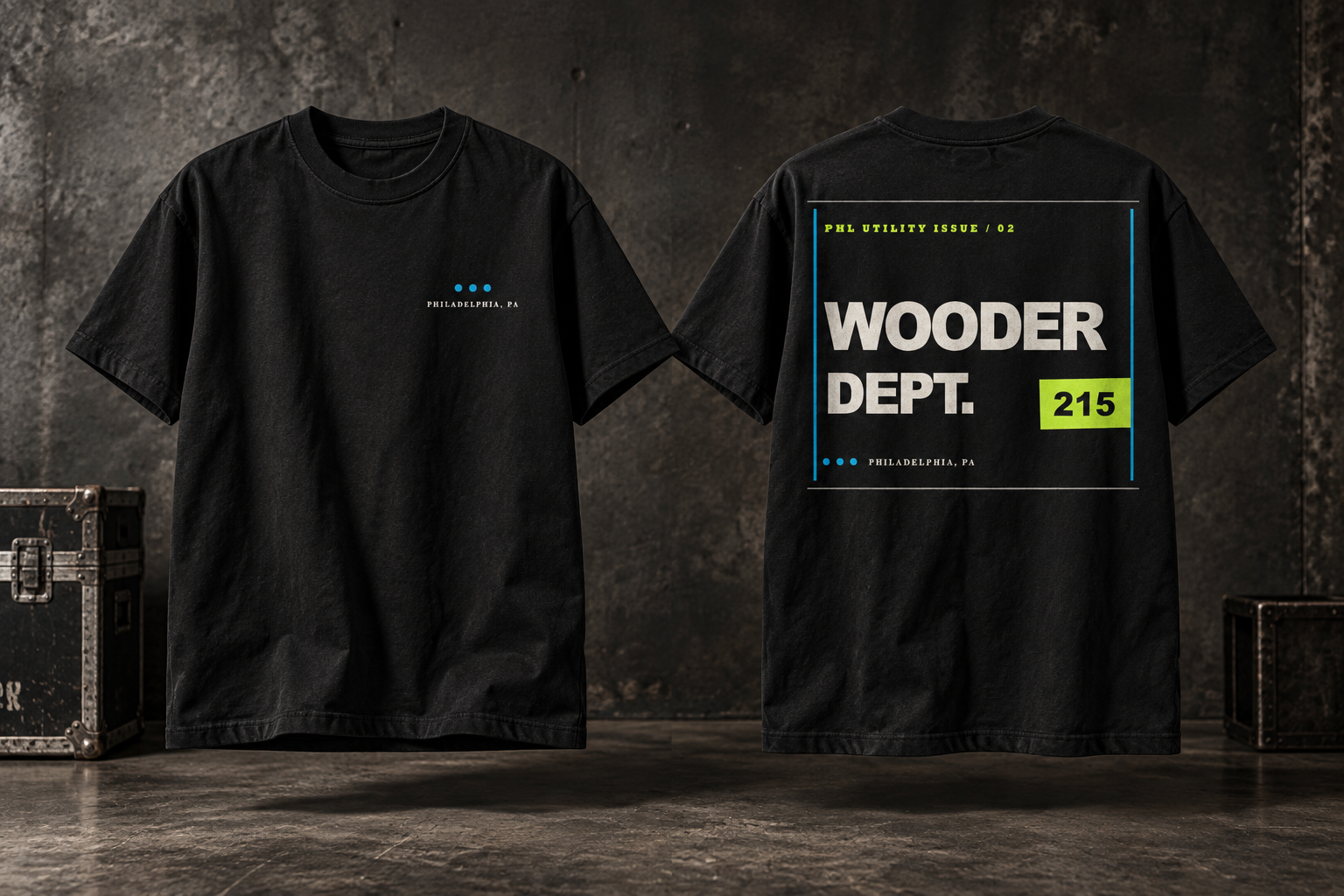 Black heavyweight WOODER DEPT. / 215 utility tee shown from the front and back